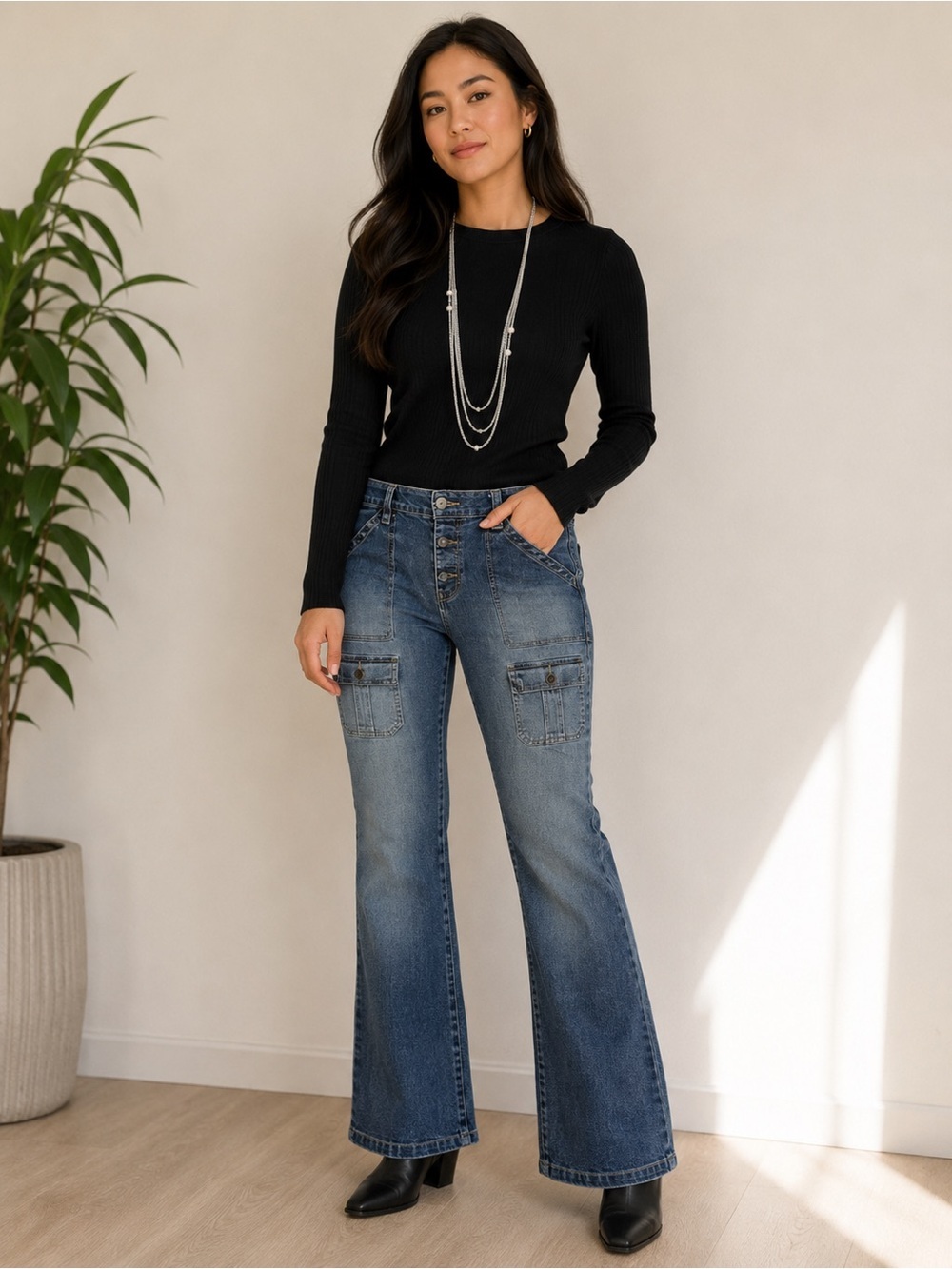 Old Navy Blue Stretch Cargo Jeans Flare Legs Button Fly Distressed Hem Boot Cut